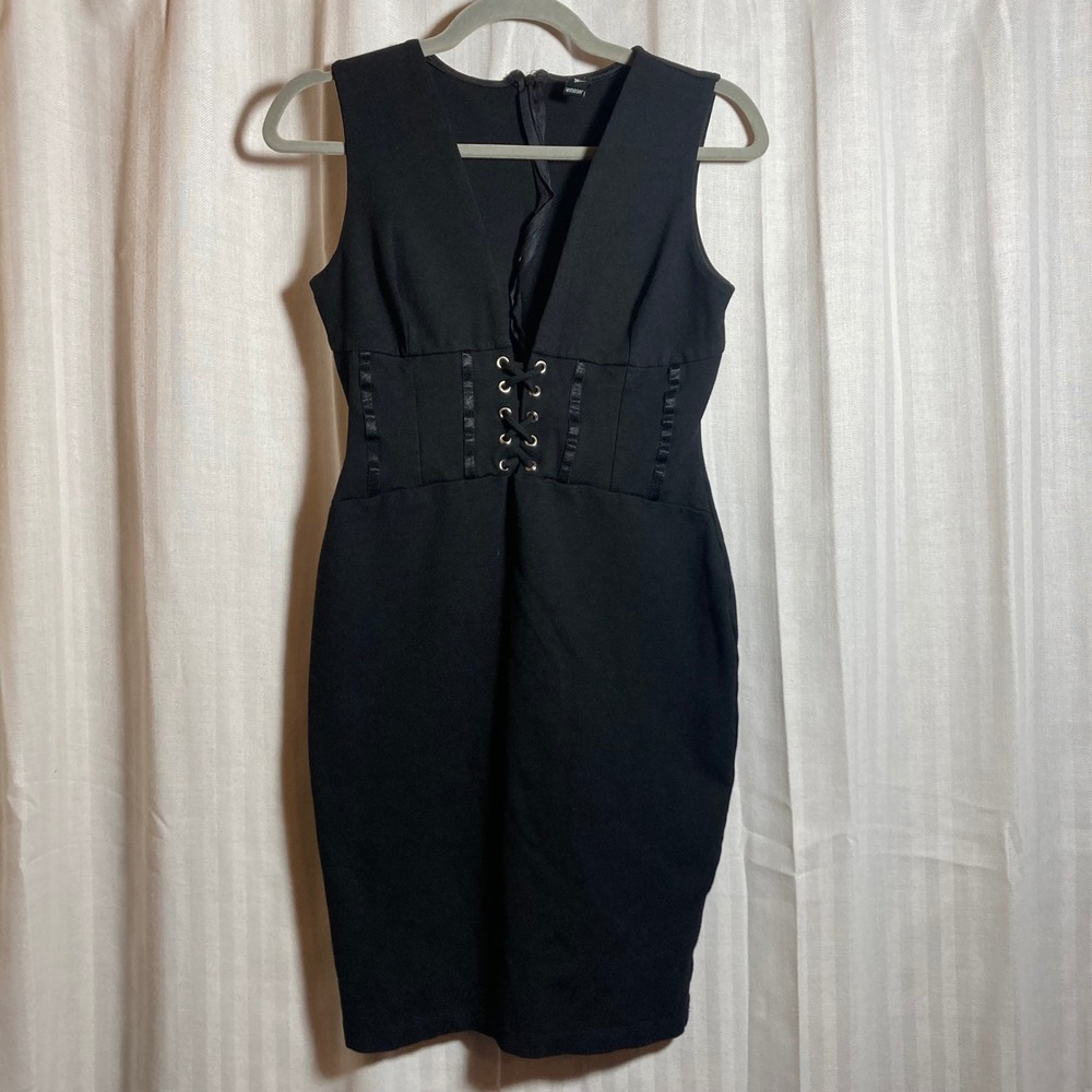 Windsor Black Deep V-Neck Lace Up Corset Bodycon Dress L Party Clubwear Cocktail